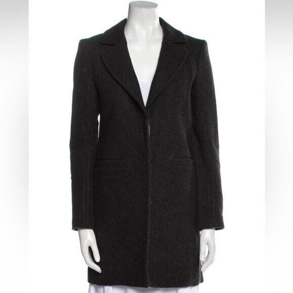 Maje Jackets & Blazers - MAJE Virgin Wool Cashmere Coat with Leather Waist Trim Charcoal Blue Leather 4